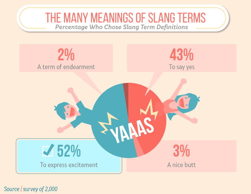 Pie chart showing survey results on the meanings of the slang term 'YAAAS' with 52% for expressing excitement, 43% to say yes, 3% a nice butt, and 2% a term of endearment.