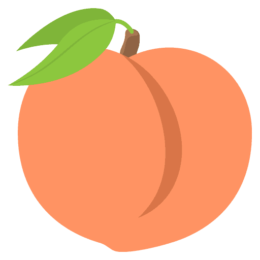 Illustration of a ripe peach with a green leaf on a solid color background.