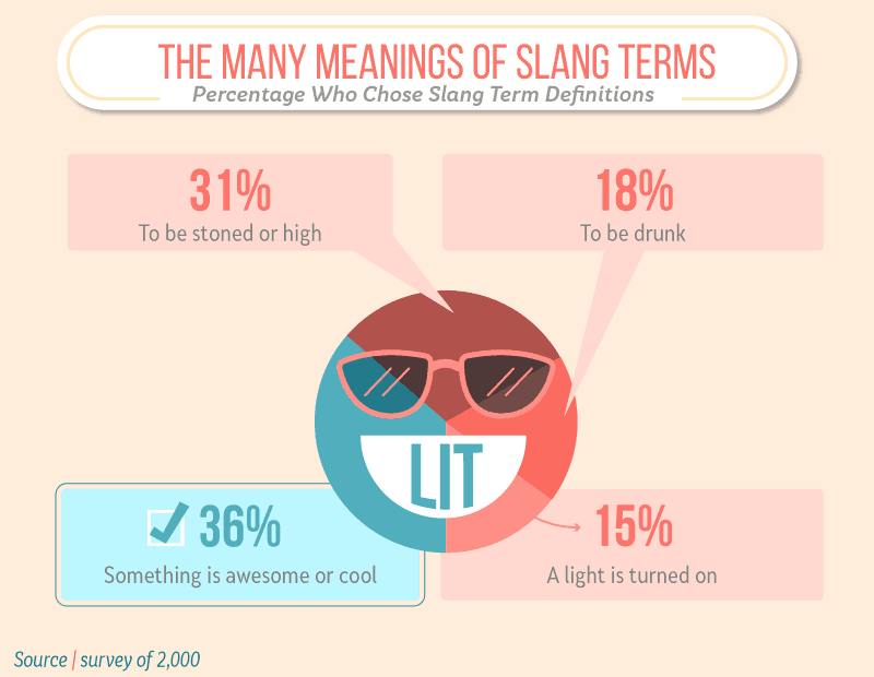 Infographic explaining the many meanings of the slang term 'lit' based on a survey of 2,000 people, showing percentages for definitions like 'to be stoned or high', 'to be drunk', 'something is awesome or cool', and 'a light is turned on'.
