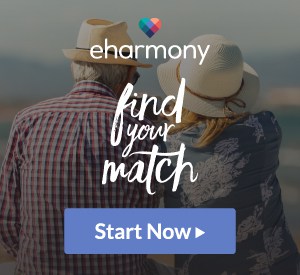 Elderly couple with hats hugging and looking at the sea with eHarmony logo and 'find your match' call-to-action.