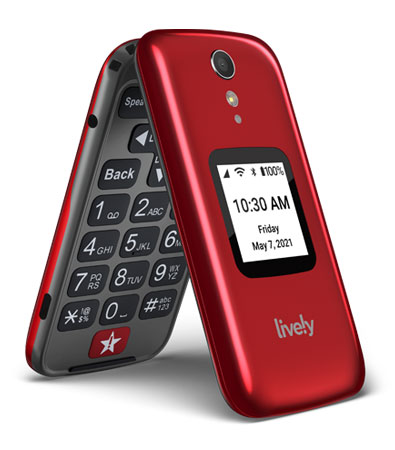 Red flip phone with large buttons and screens displaying the time and call options