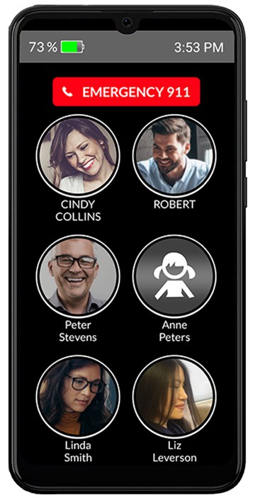 Smartphone emergency contact list with profile pictures showing six contacts and an emergency 911 button at the top.