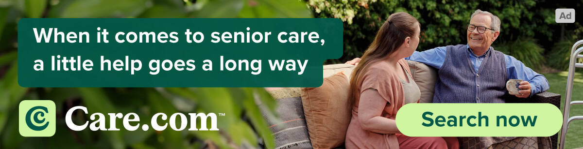 Grandmother embracing embracing her granddaughter after grocery shopping and 'Find Senior Care you can trust' with a 'Get Started Now' button.