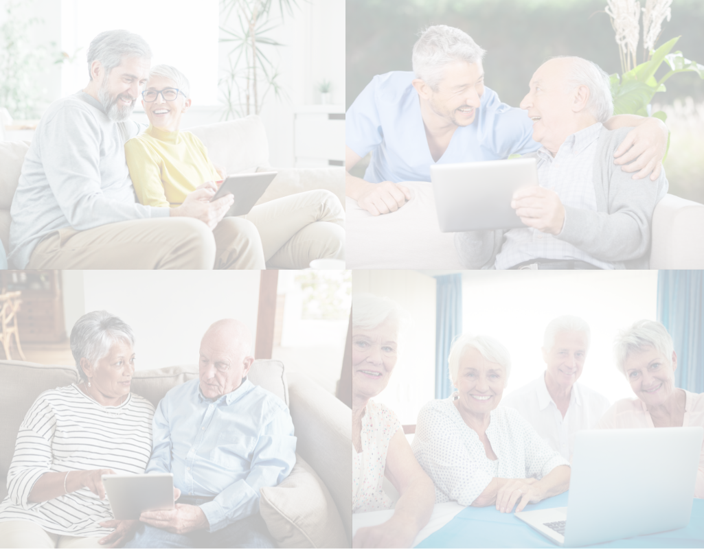 Elderly people reading the Great Senior Living newsletter around computers and tablets