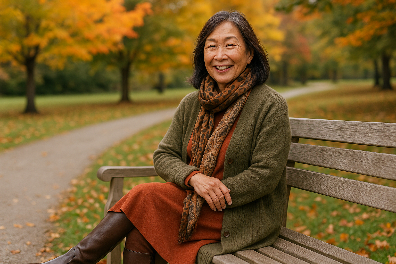 Senior woman showing off her fall fashion, while sitting on a bench in a park