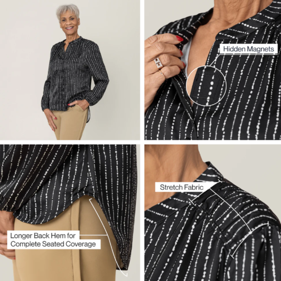 Joe and Bella adaptive fashion blouse with magnetic closures