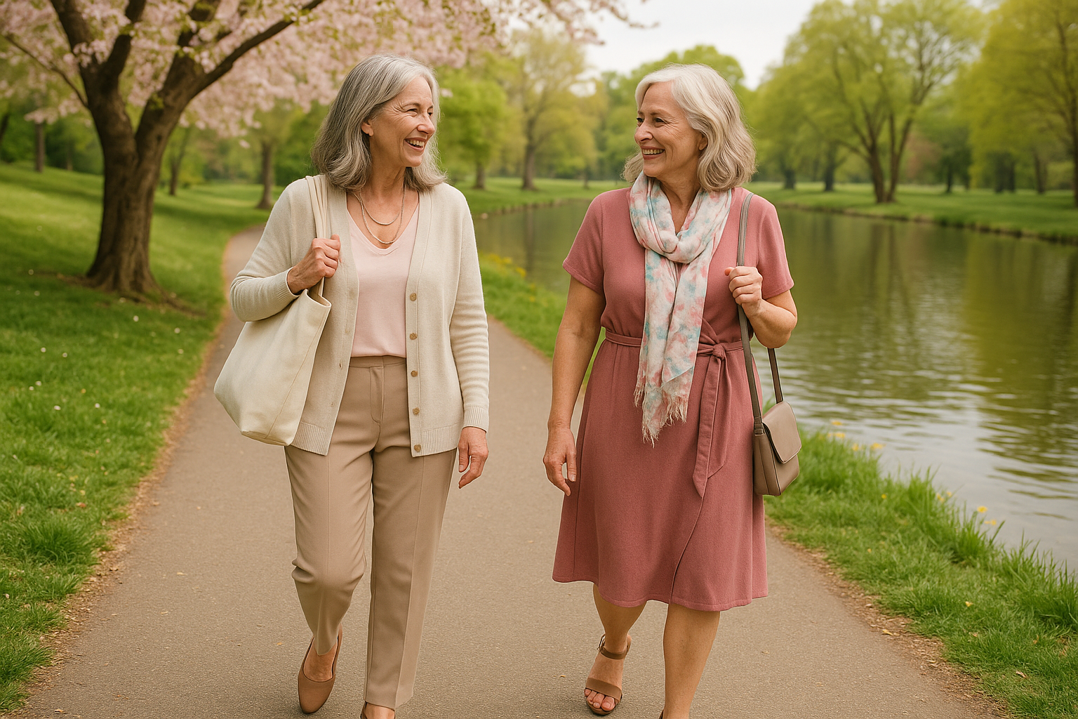 Two senior women walking through a park with spring fashion for women over 60