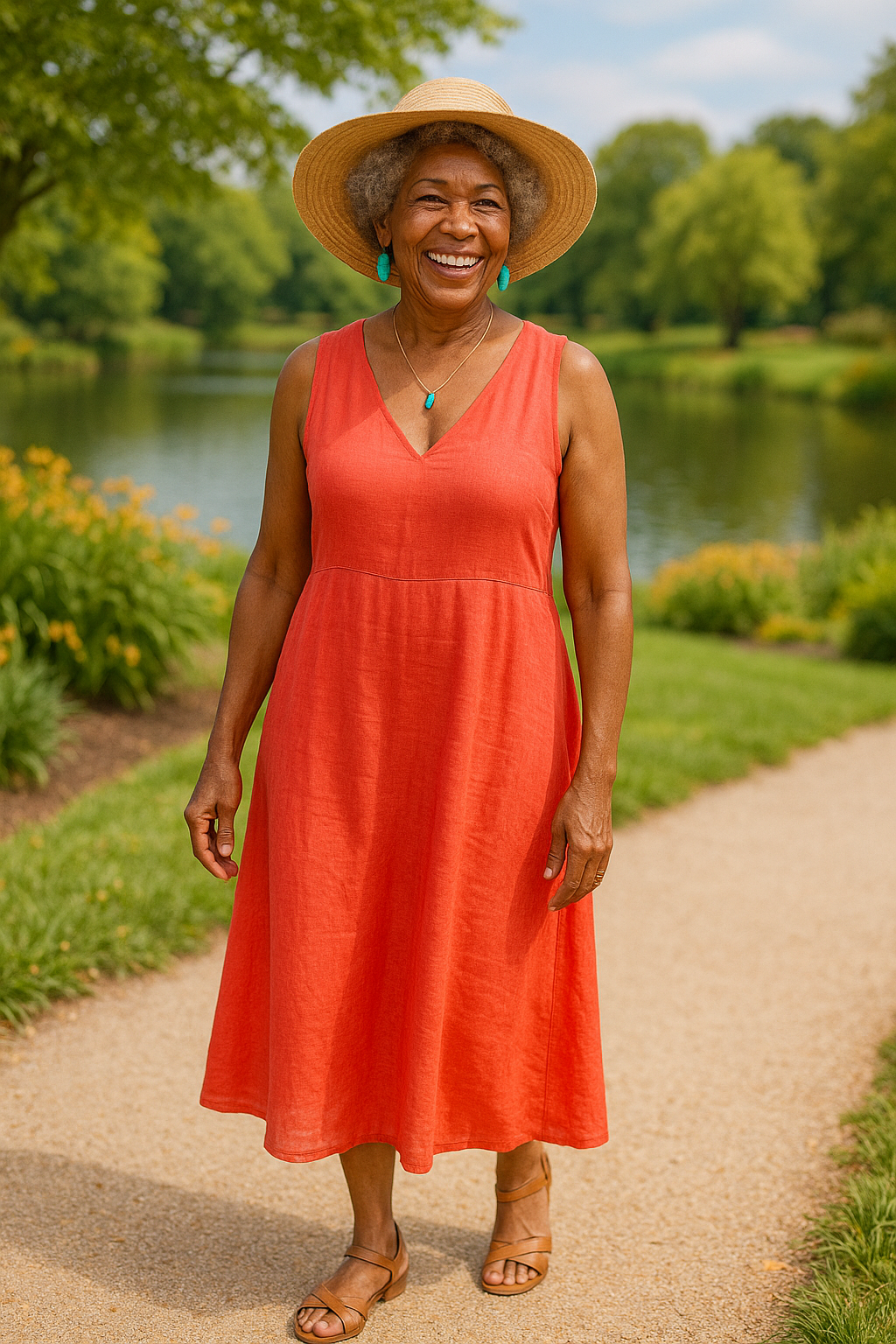 Older woman wearing a fashionable coral dress, a lightweight hat, and stylish sandals, walking through a park