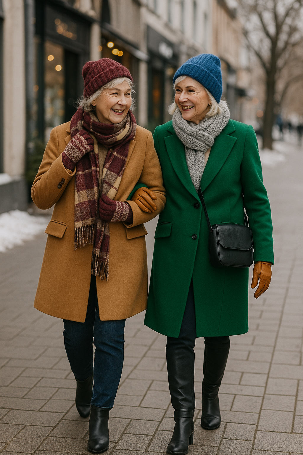 Two elderly women walking down the street wearing winter fashion