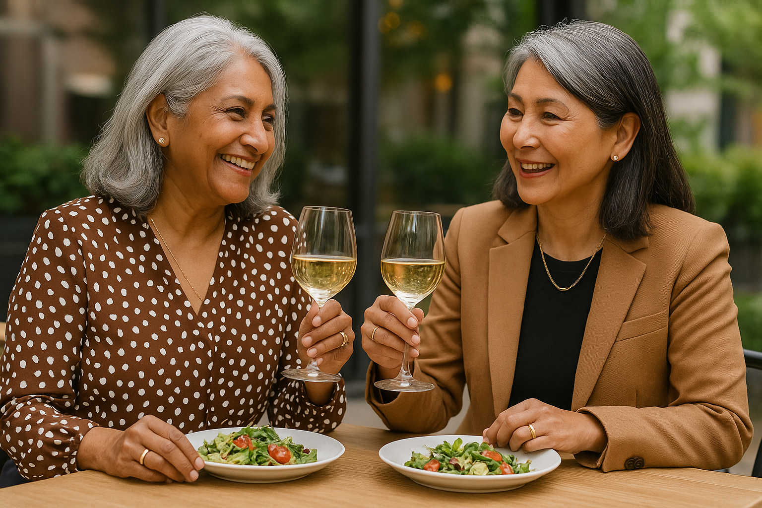 Two older women having lunch and wine, wearing a patterned blouse and fashionable blazer