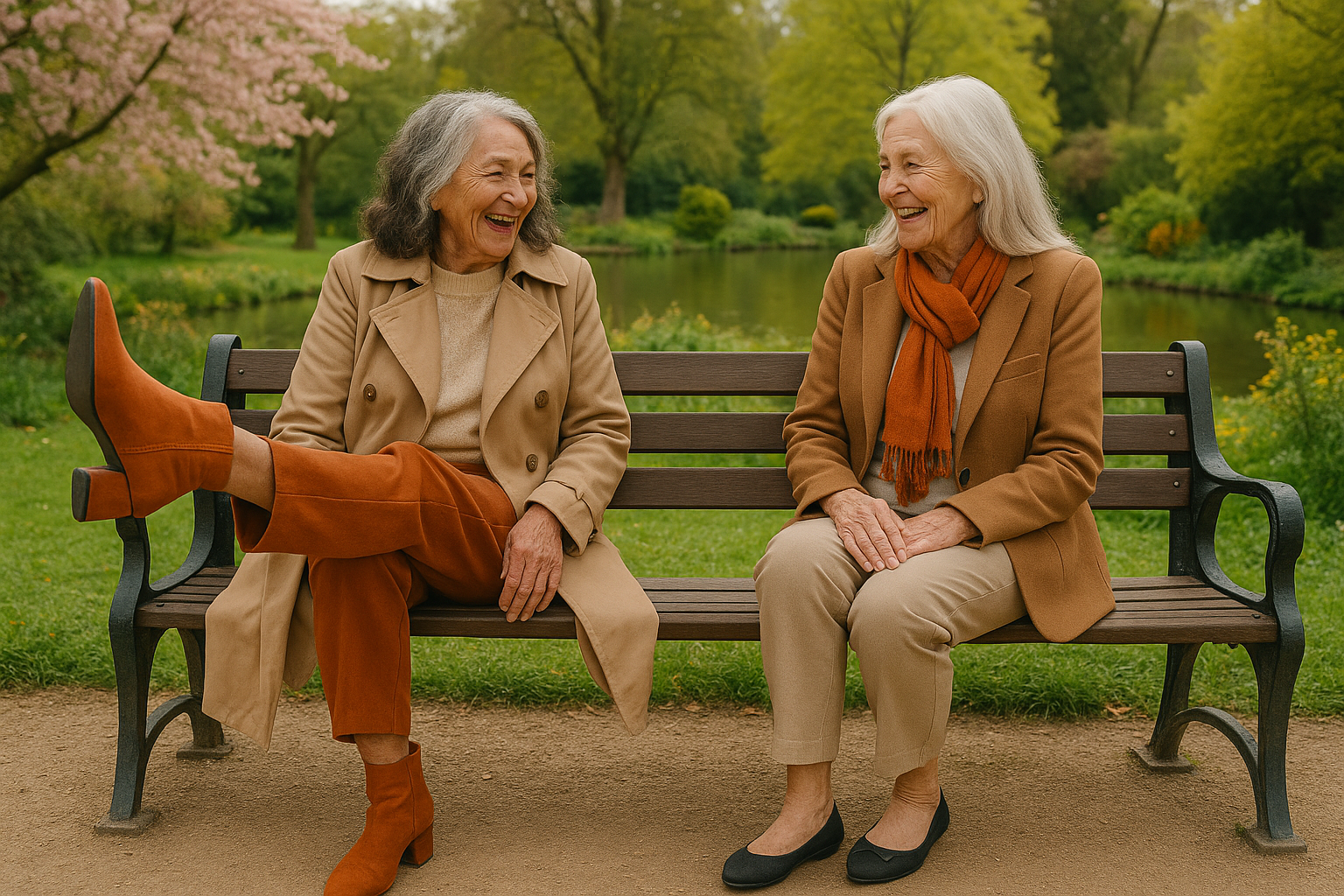 Two older women looking fashionable and laughing on a bench
