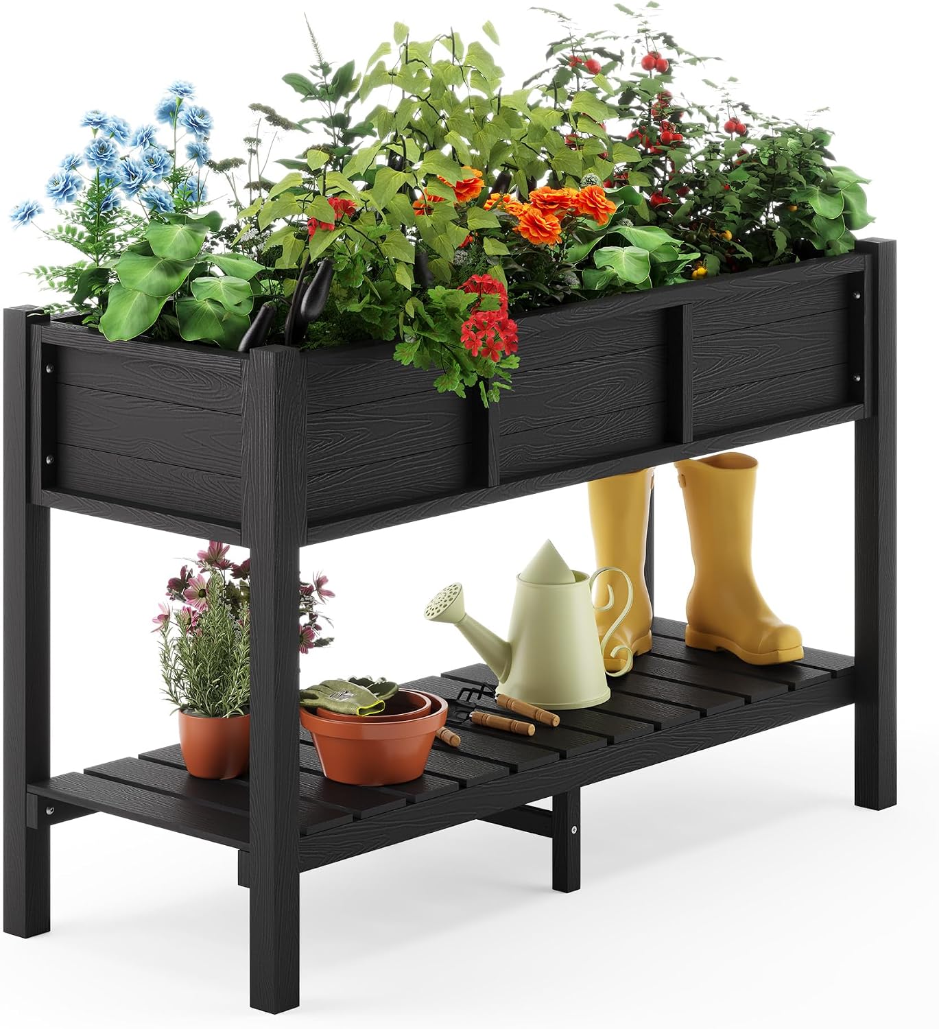 Elevated garden bed for elderly gardeners with tool storage
