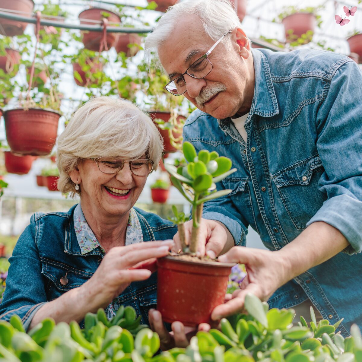 Elderly couple enjoying gardening together